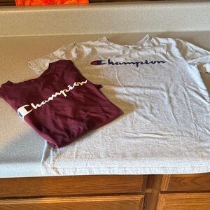 2 Champion Kids Short Sleeve Tees - Gray and Maroon